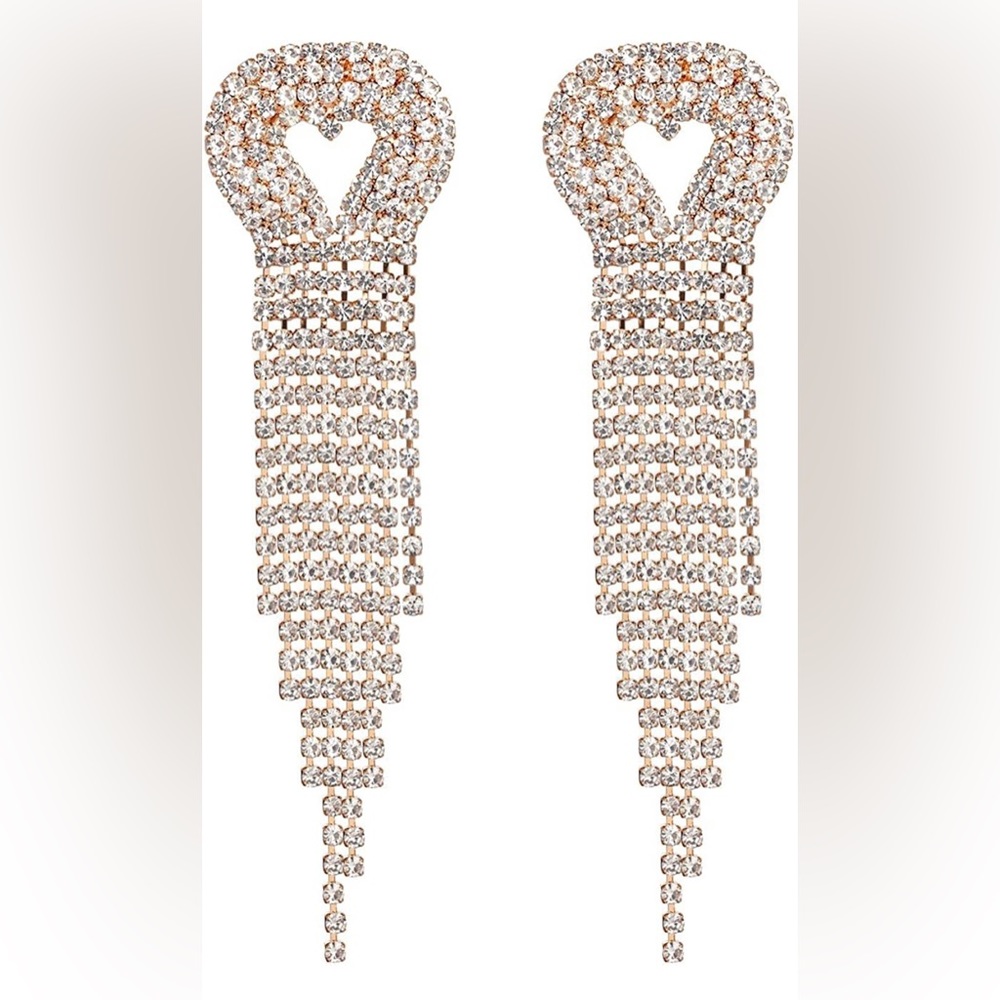 RHINESTONE HEART FRINGE DANGLE EARRINGS